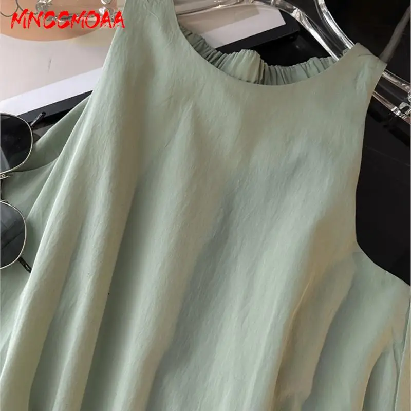 MNCCMOAA-Vestido feminino sem mangas com gola redonda de comprimento médio, casual solto vestidos A, monocromático, moda feminina, verão 2024