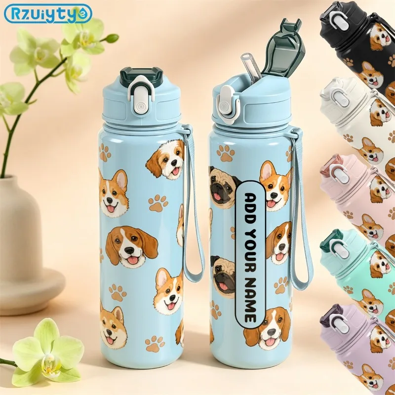 750ml Custom Name Cute Cartoon Dog Leakproof Flip Straw Handle Reusable Water Bottle for Gym Hiking Cycling School Birthday Gift