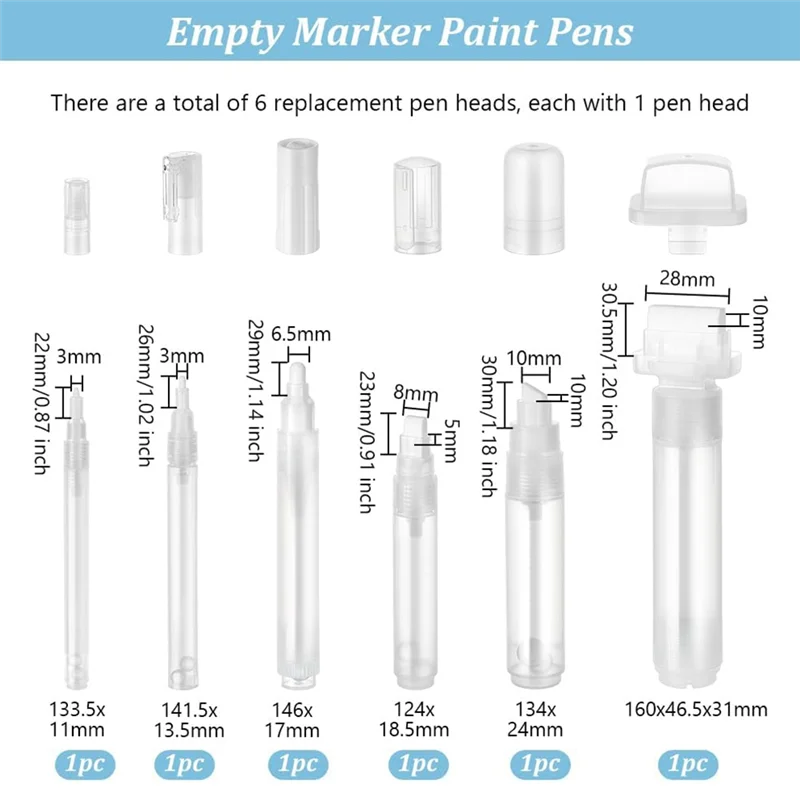 6 قطعة مجموعة علامات الكتابة على الجدران واضح إعادة الملء قلم طلاء 11/13.5/17/18.5/24/46.5 مللي متر مجموعة أقلام التحديد الفارغة-AC17