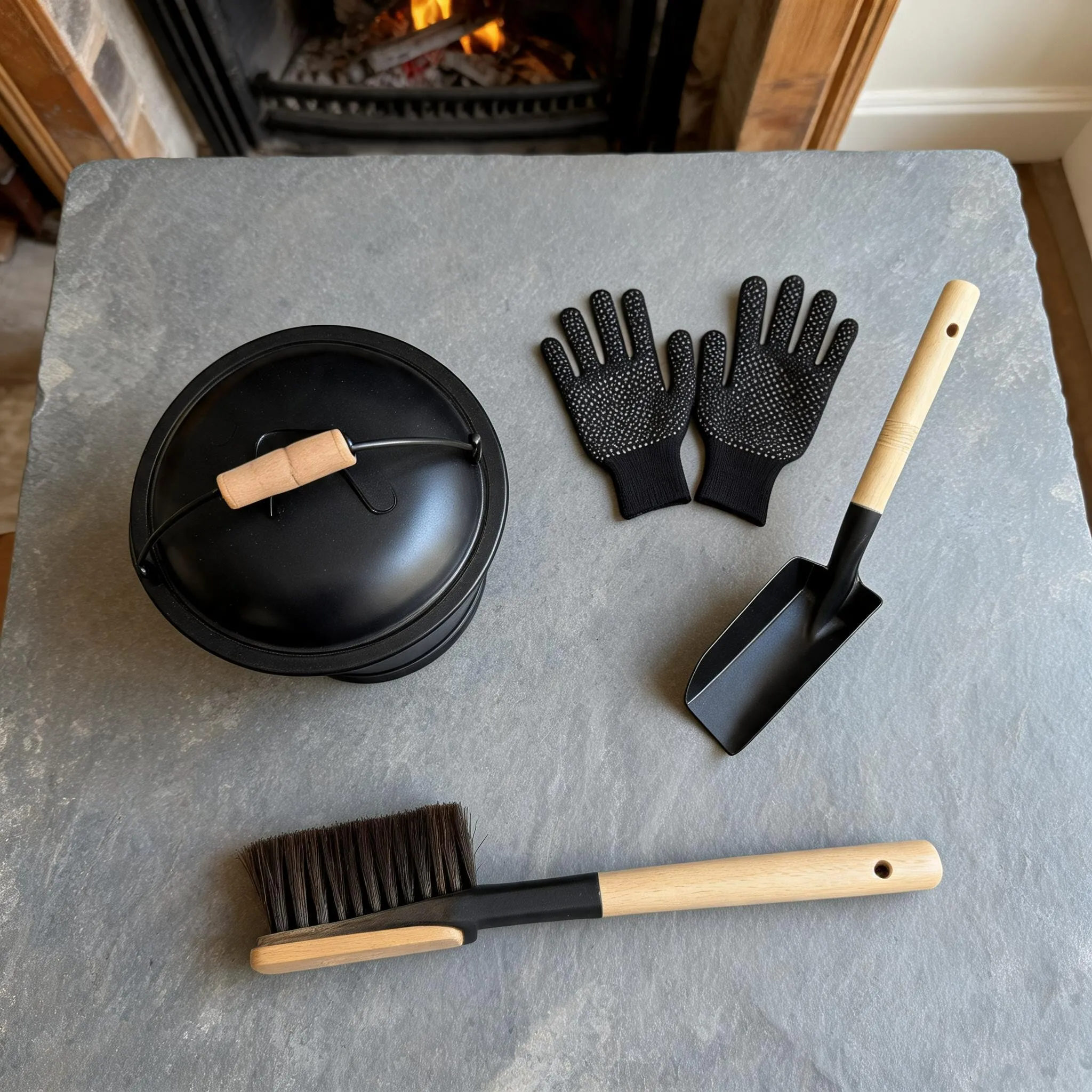 Fireplace Ash Bin Tool Set, Includes Ash Shovel, Cleaning Brush And Heat‑Resistant Gloves For Convenient Fireplace Ash
