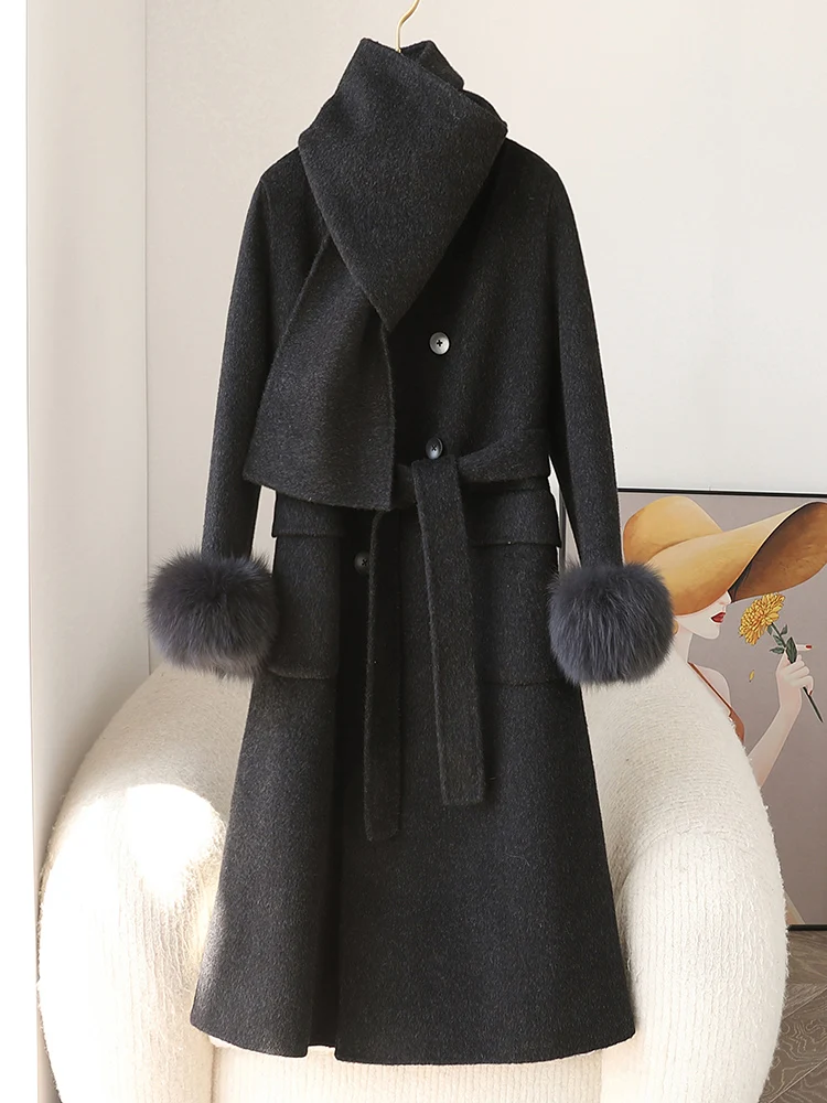 Veste d'hiver en laine de cachemire pour femme, manteau de manchette en fourrure de renard naturel véritable, vêtements d'extérieur pour femme, veste de luxe pour femme, nouveau