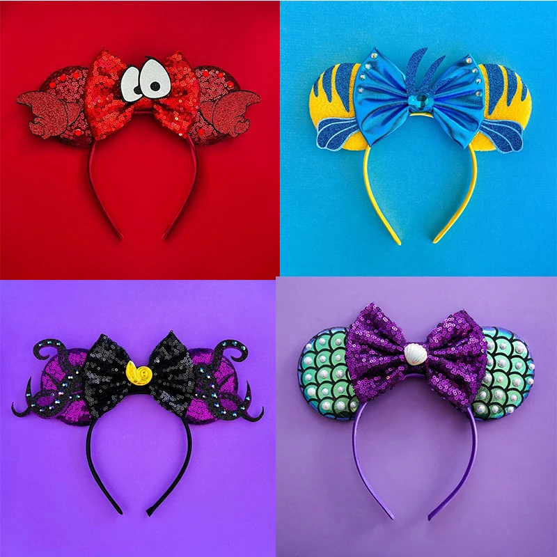 

Disney The Little Mermaid Ears Headband Women Ariel Sebastian Hairbands Girl Sequins Bow Flounder Hair Accessories Kids DIY Gift