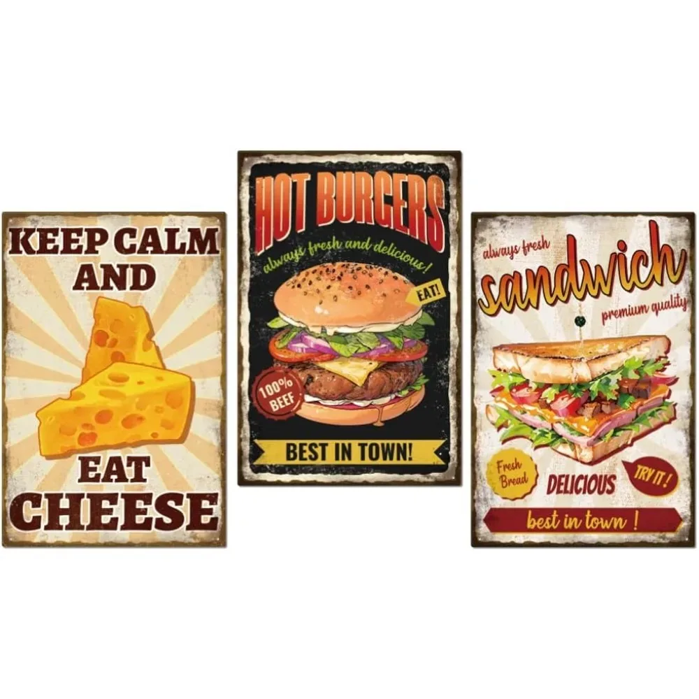 

3 шт., набор металлических жестяных вывесок для фаст-фуда, сыр, сэндвич, гамбургер, жестяные вывески 12x8 дюймов/30x20 см, художественная табличка, плакат, настенный декор для изготовления набора