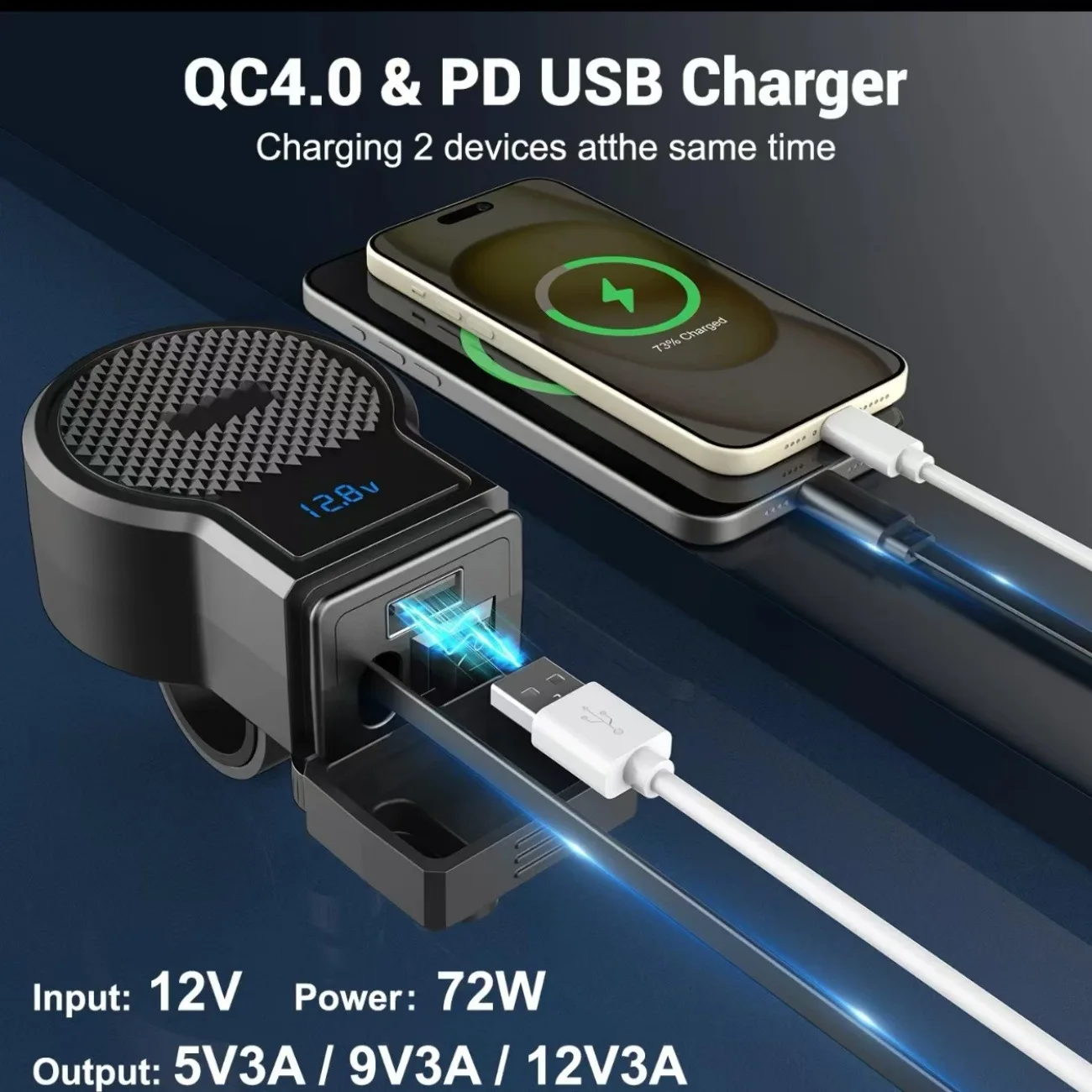 PD QC3.0 Motorcycle USB Fast Cellular Charger Waterproof Type C Port Socket Connector With Cell Mobile Voltmeter Digital Charger