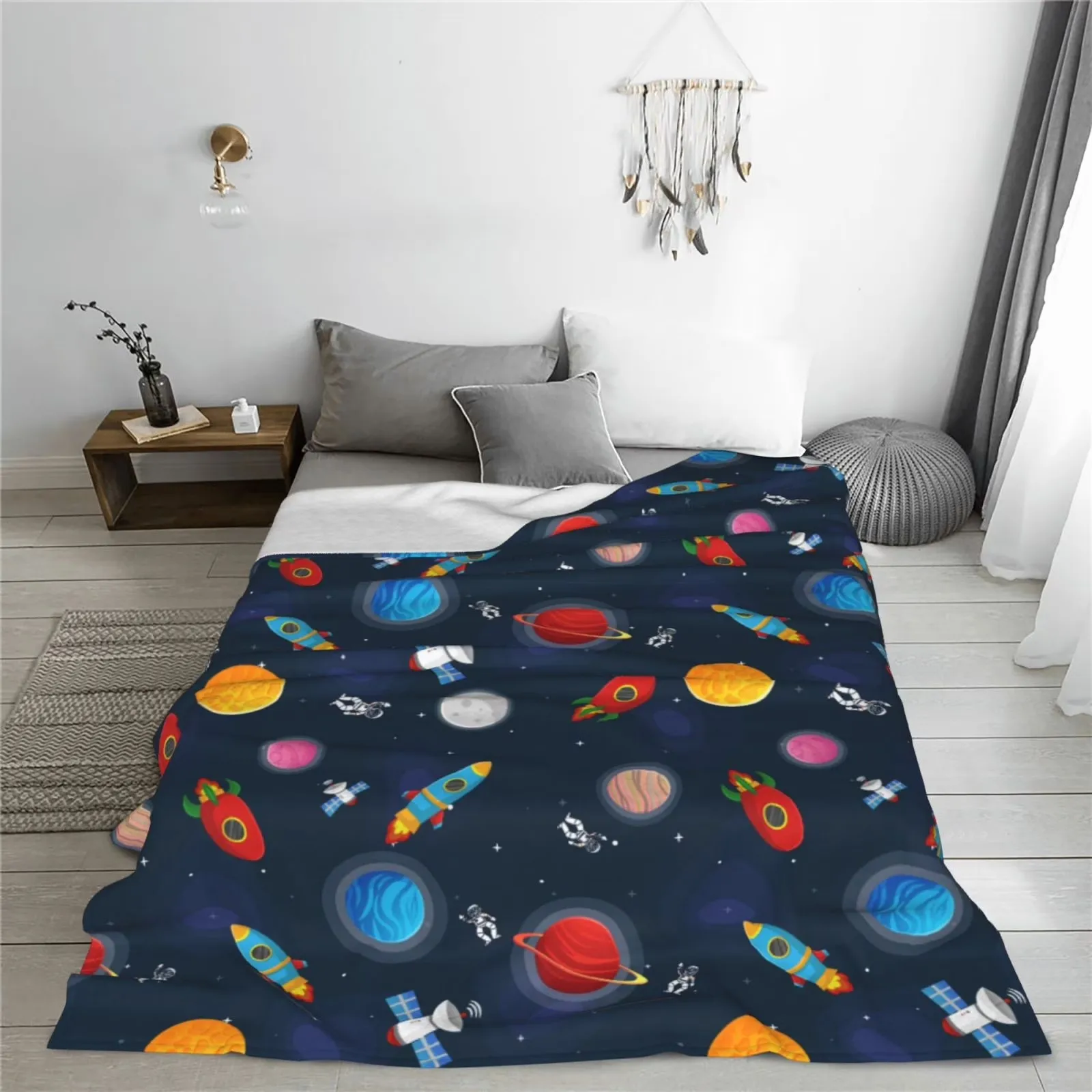 Cartoon Space Planets Rocket Fleece Throw Blanket Soft Plush Cozy Fluffy Outdoor Camping
