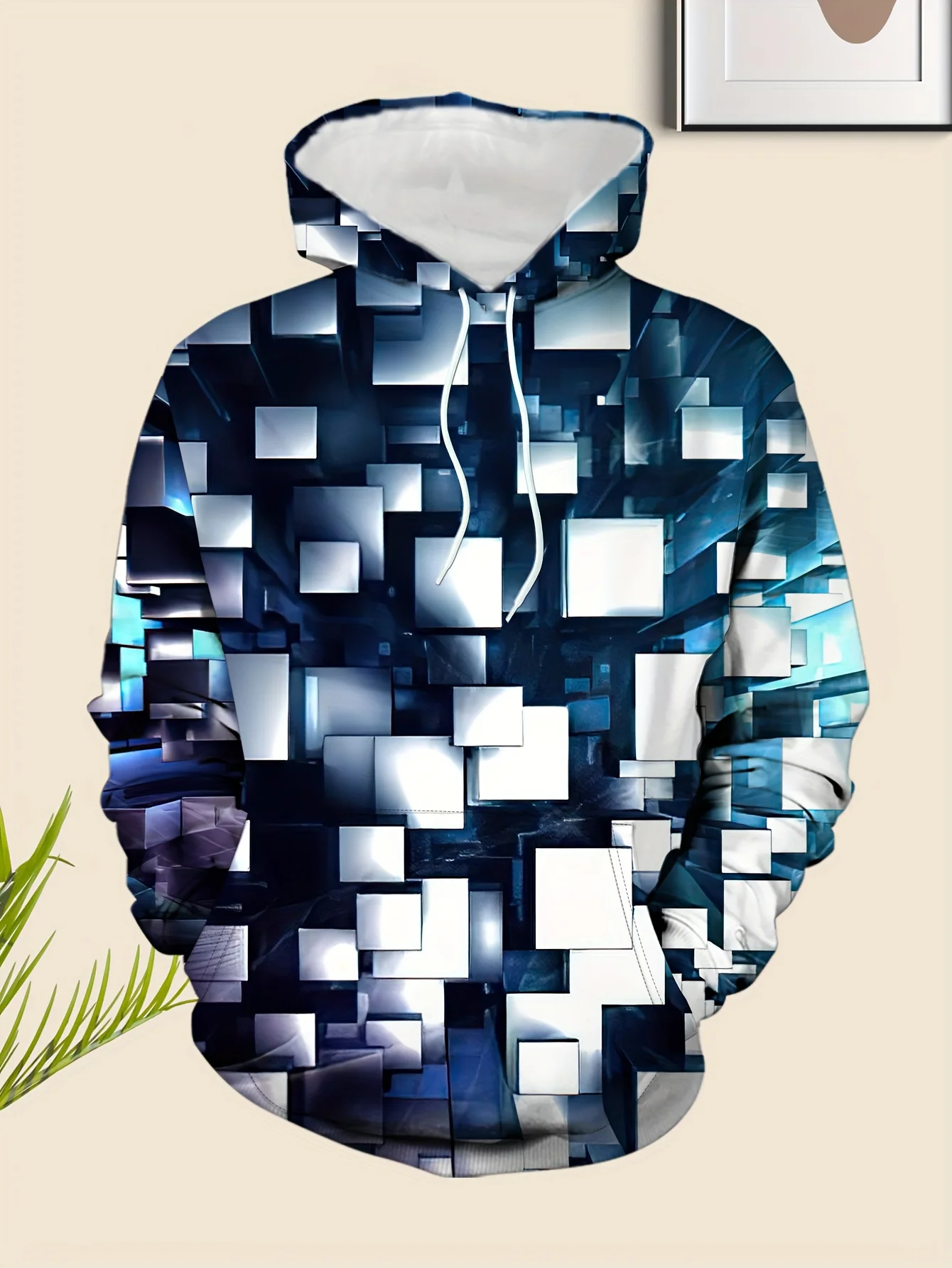 Mens Dark Tone Hoodie Abstract Glossy Block Cube Gradient Full Over Print Modern Tech Minimal Casual Sweat Top