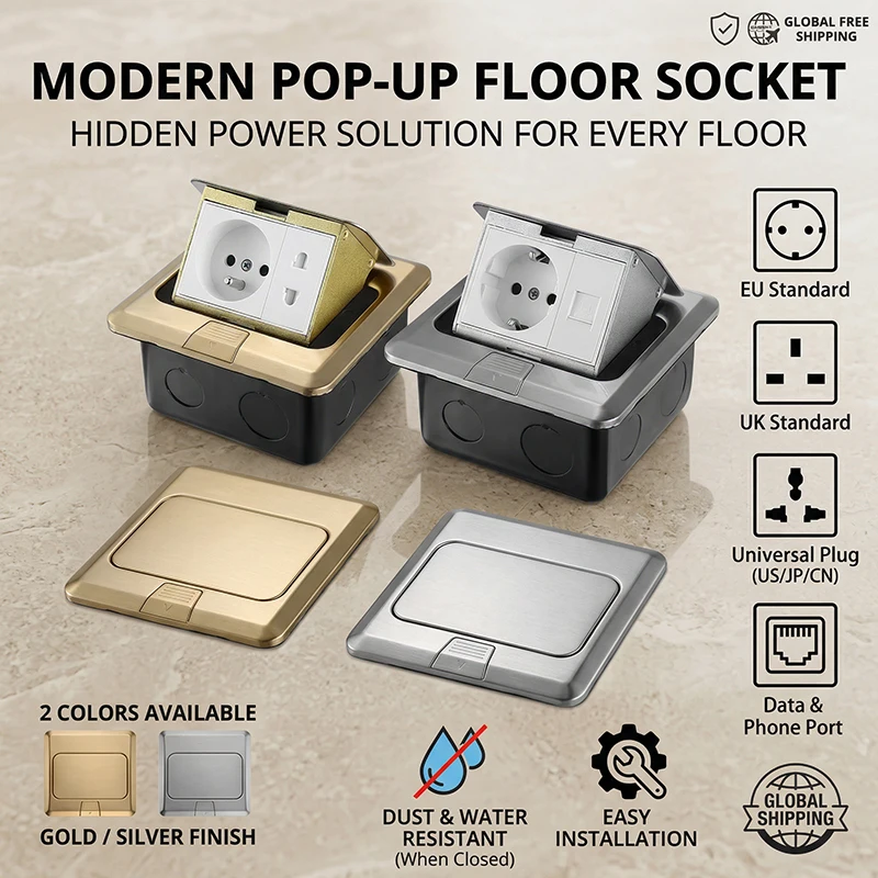 Concealed Pop Up Floor Power Socket Stainless Steel Flush Mount with EU/US/UK/Universal Outlets for Table, Conference Room