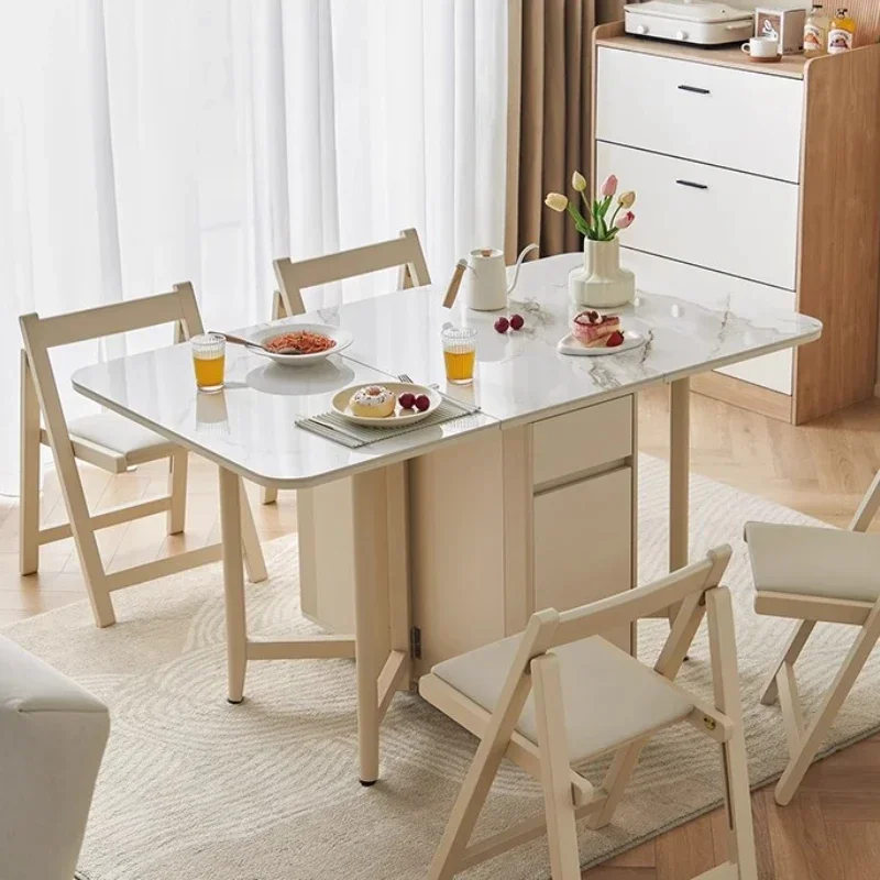 Dining Table Cream Wind Slate Countertop And Solid Wood Countertop Folding Table Retractable Movable With Pulley Tables Pliante