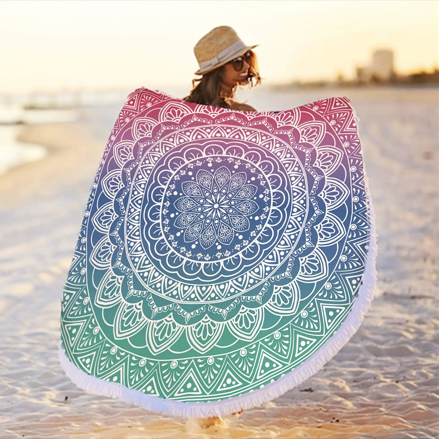 Round Gold Yellow Mandala Beach Towel Blanket,Microfiber Soft Sand Free Large Water Absorbent Beach Blanket Swim Pool Towel