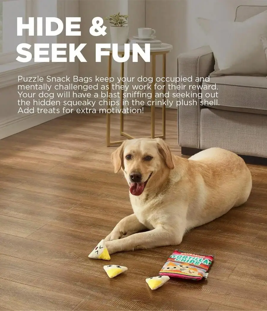 

Puzzle Snack Bag Squeaky Dog Toy Tortilla Chips Design