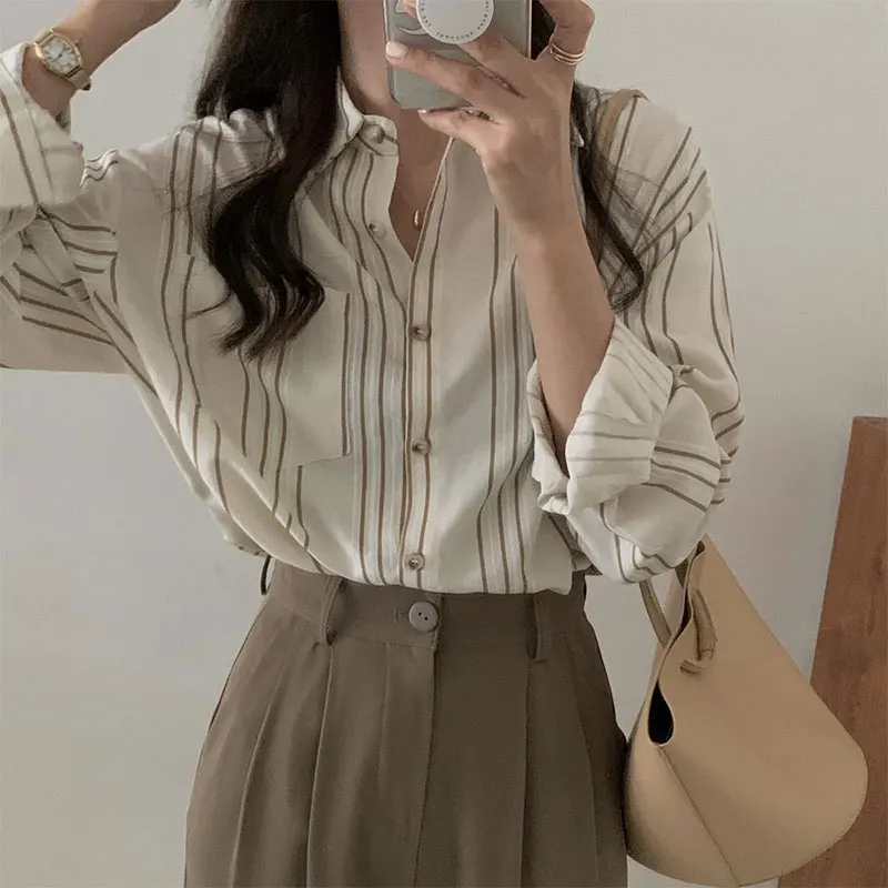 Women\'s Spring Fashion Simplicity Striped Turn-down Collar Long Sleeve Shirts Women Clothes All-match Casual Temperament Tops