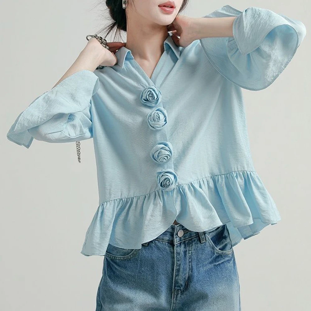 

2025 summer wave rose original design three-dimensional flower shirt women's lotus leaf edge blue horn sleeve top