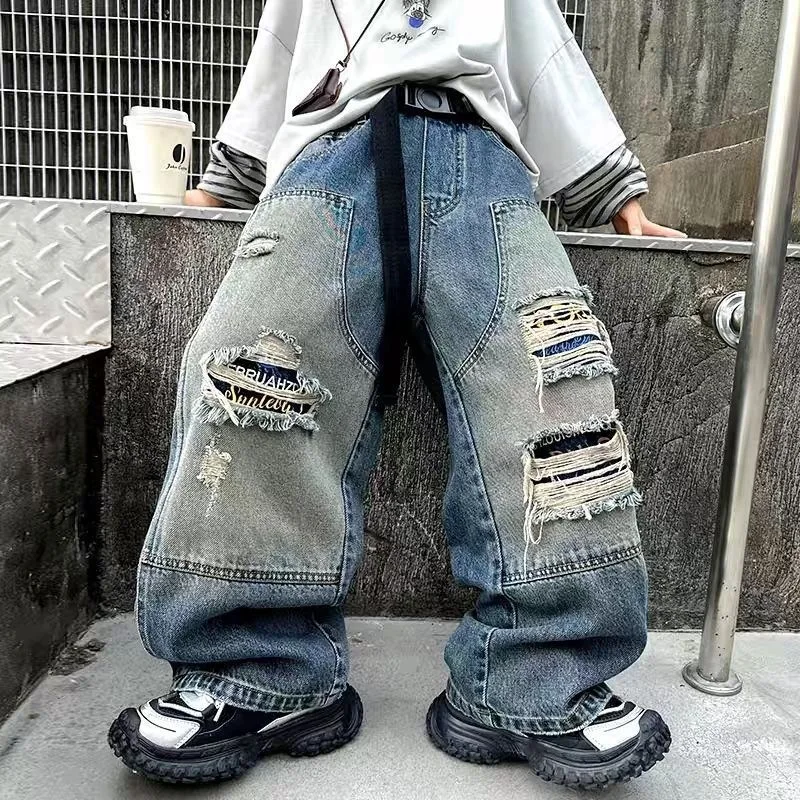 Boys Ripped Jeans Spring and Autumn 2026 New Spring Clothing Boys Street Trend Personality Versatile Ruffian Handsome Jeans