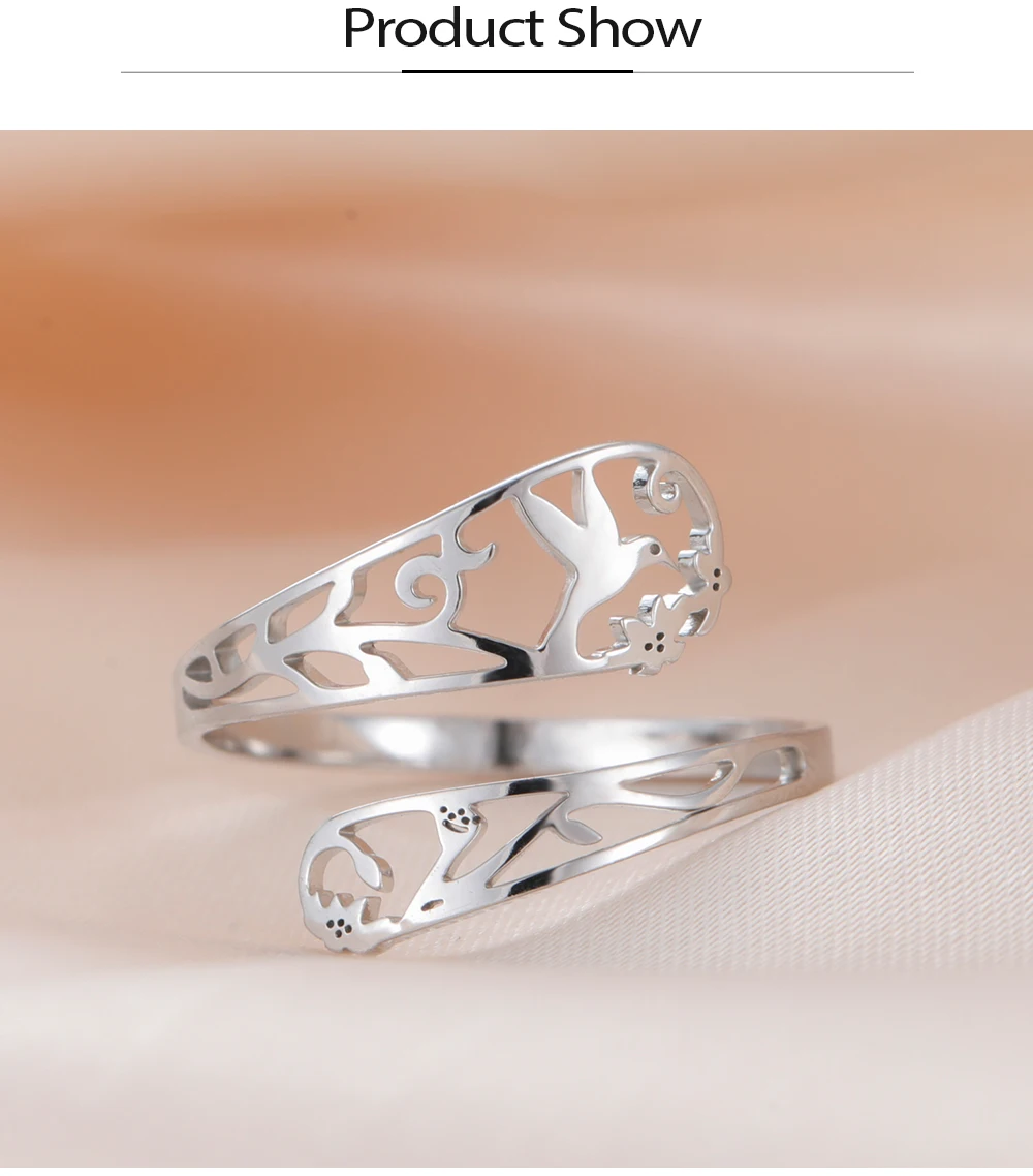 COOLTIME Blumen- und Vogel-Damenring, Edelstahl, verstellbar, modischer Blumen-Fingerring, Schmuck, Geburtstagsgeschenk – Detail 6