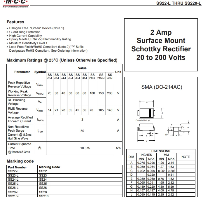 (100 pcs) SS23-LTP SMA (Marking SS23) - Schottky Diode 30V 2A 500mV