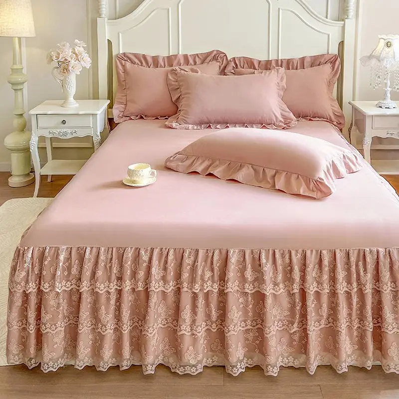French Lace Bed Skirt for Girls Ruffled Bedroom Bed Cover Four Season Mattress Cover Bedsheet with 2pcs Pillowcase