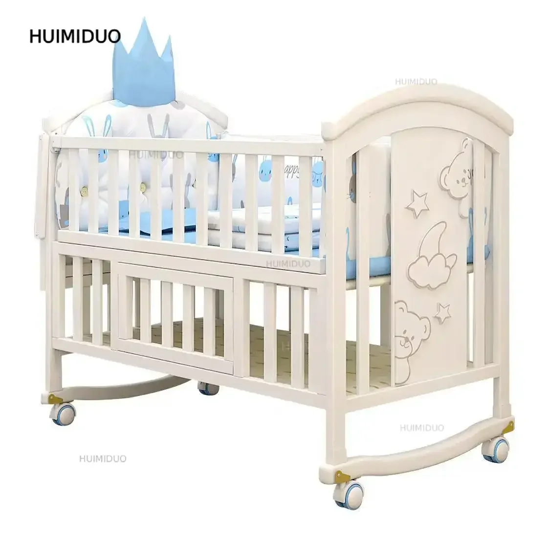 Wooden Baby Cot with Swing and Storage Multifunctional Convertible Adjustable Height Safe Toddler Bed CE Certified Infant Sleep