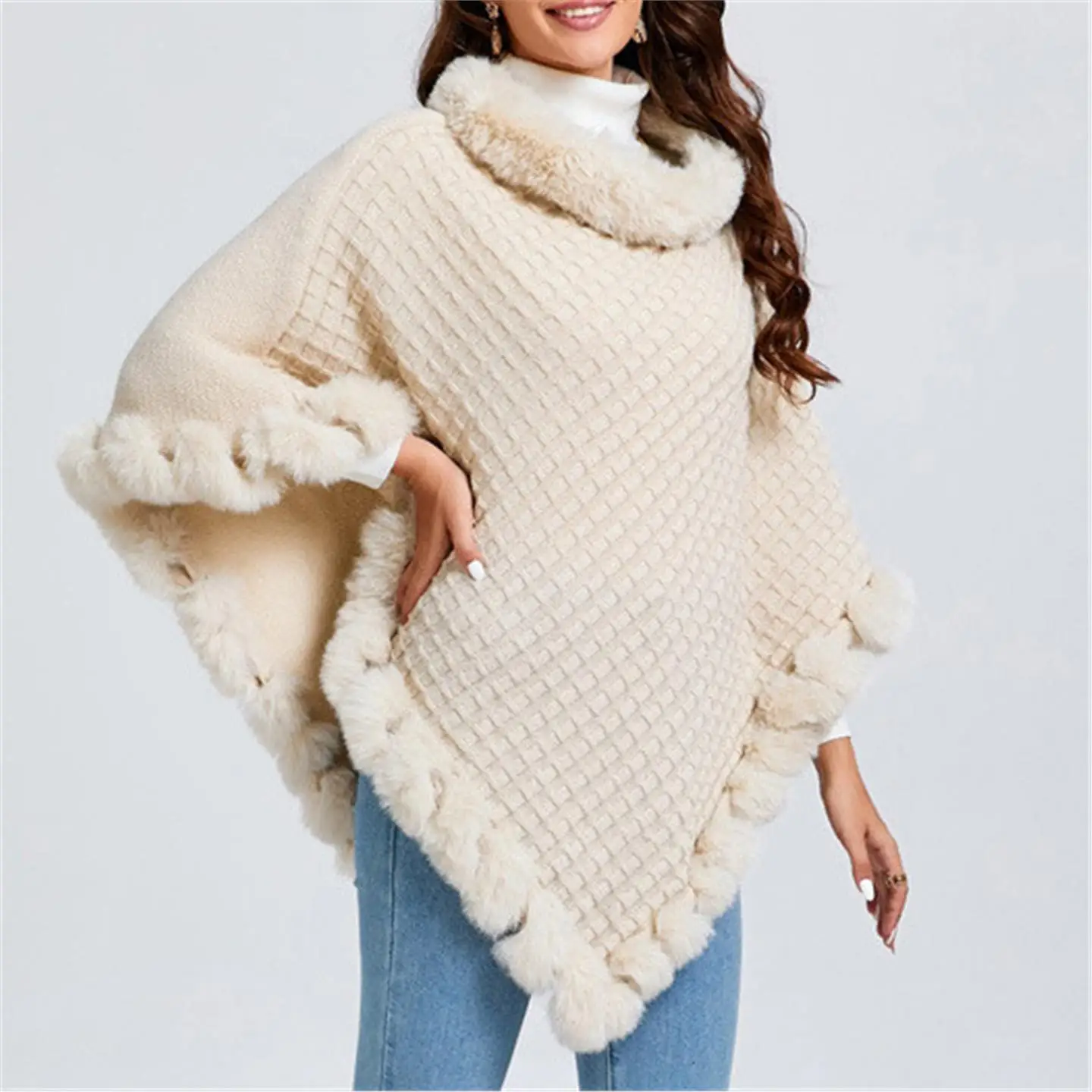 

Women's Knitted Cape Coat with Fur Collar Oversize Sweater Sle Autumn Winter New Arrival European Sle Faion Ladies' Wear