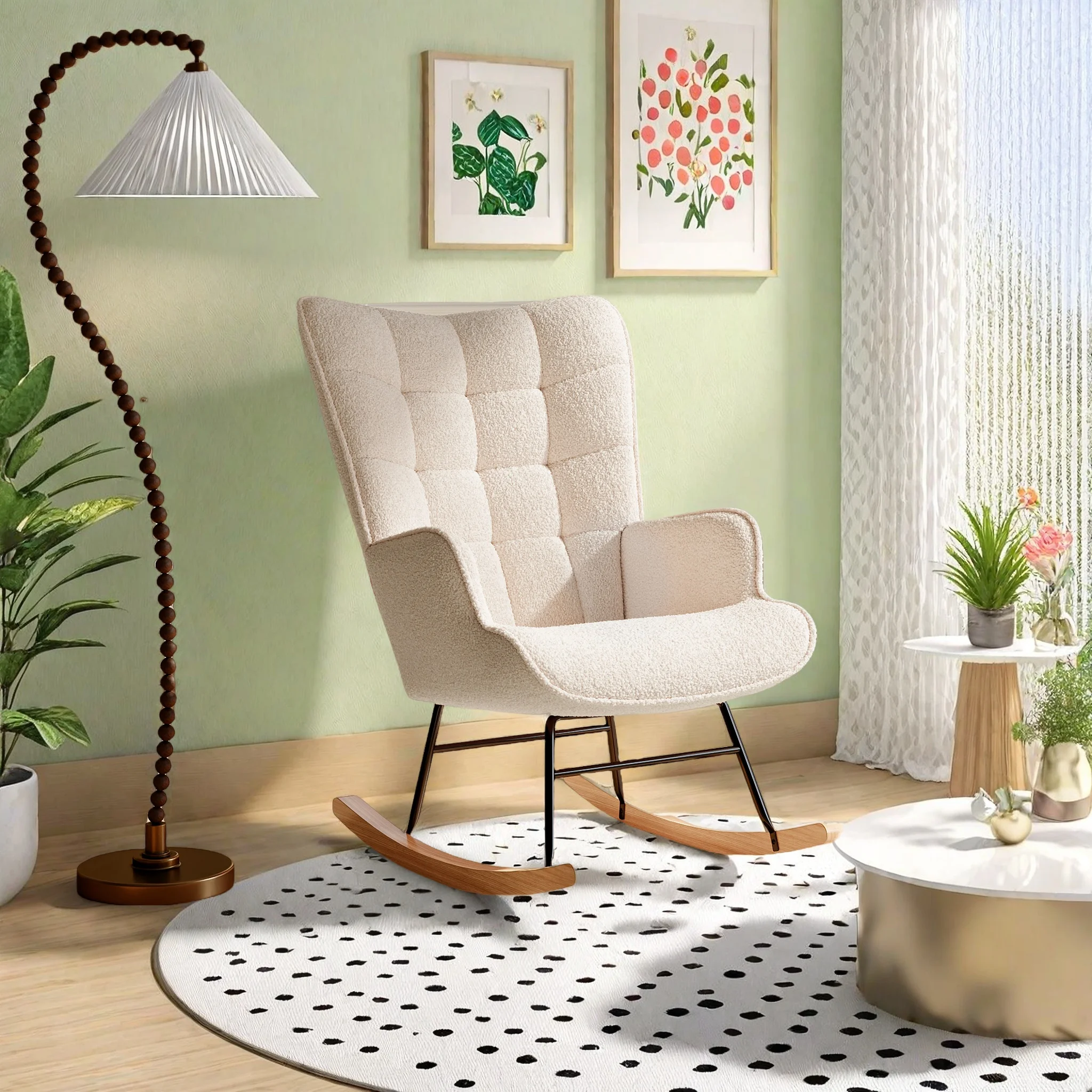 Rosahqnda Chaise balançoire fauteuil chaise décontractée avec oreiller pour salon/chambre/balcon cadre balançoire, beige/rose/gris