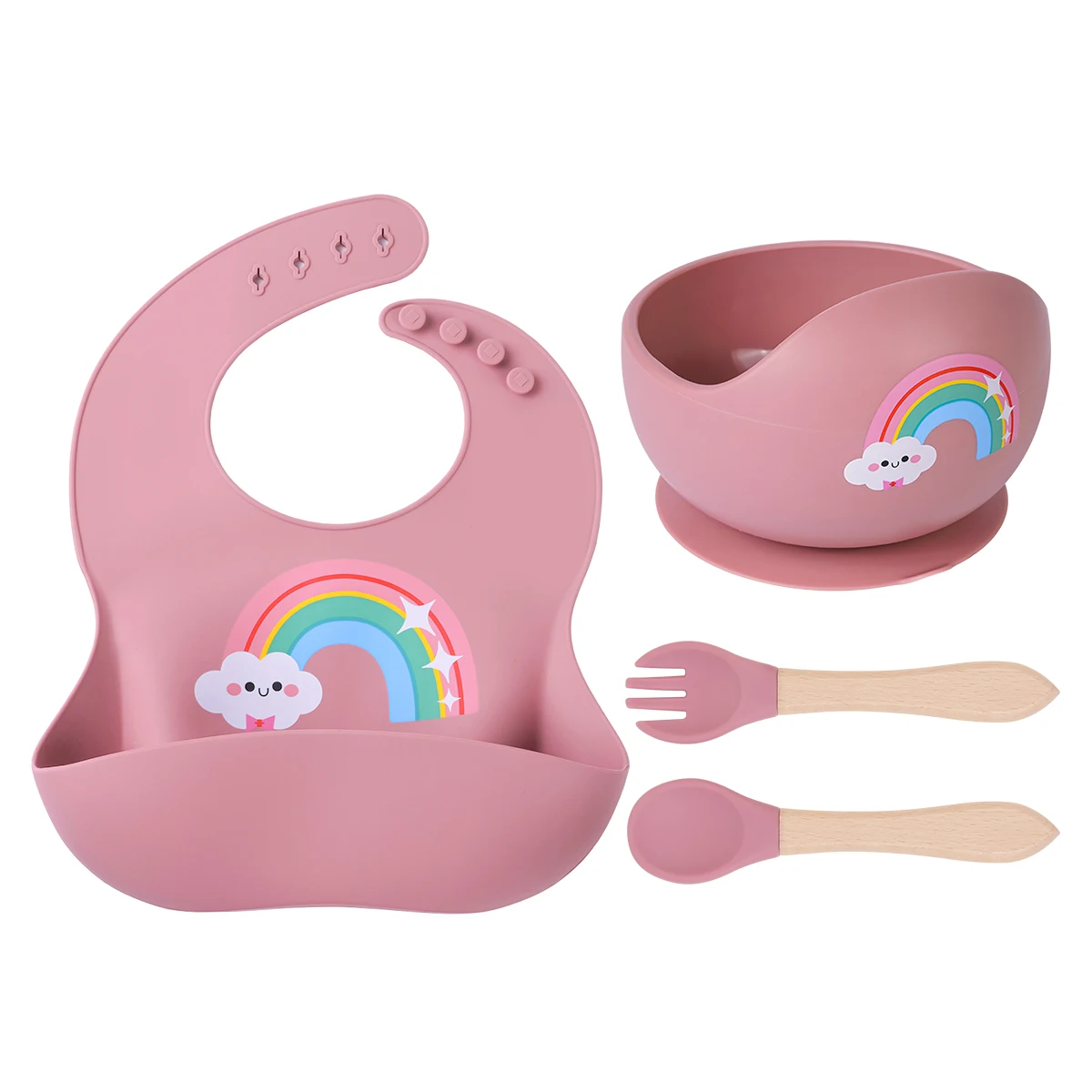 TYRY.HU 4PCS Silicone Sucker Bowl Spoon Fork Set Baby Tableware Feeding Essentials With Bibs Soft Dish For Toddler Baby Stuff