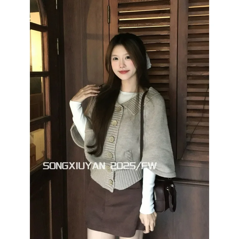 2026 New Button Medieval Atmosphere Gray Cape Sweater Cardigan Lazy Wind Five-quarter Sleeve Knitted Sweater Jacket