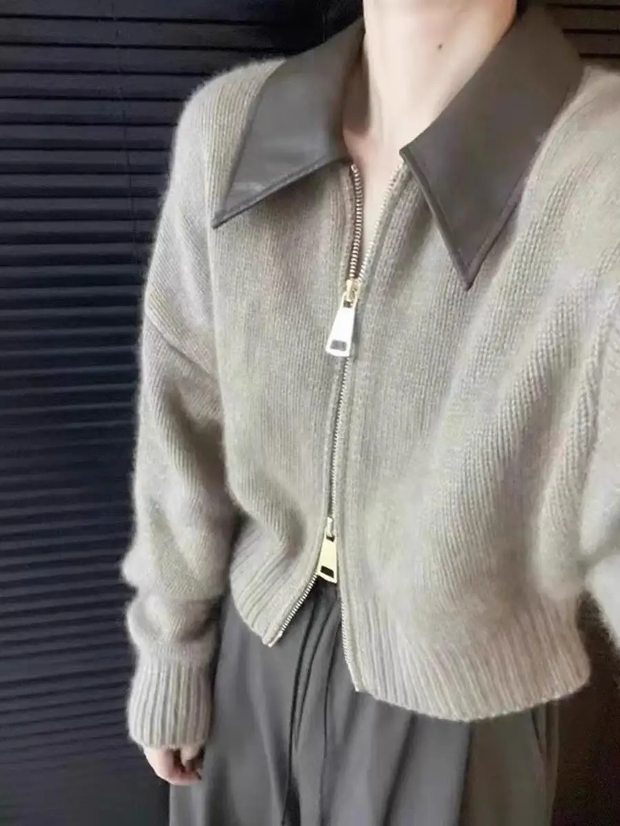 트렌디한 스플라이스 가죽 칼라 더블 지퍼 니트 스웨터 여성용 가을 겨울 신상 슬레 엘리 탑 코트 단색