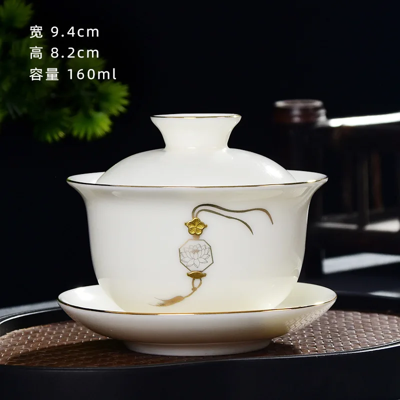 Jade Porcelain Three-Talent Brewing Gaiwan Bowl Cui Ding Single Cup Ceramic Kung Fu Tea Set Wholesale