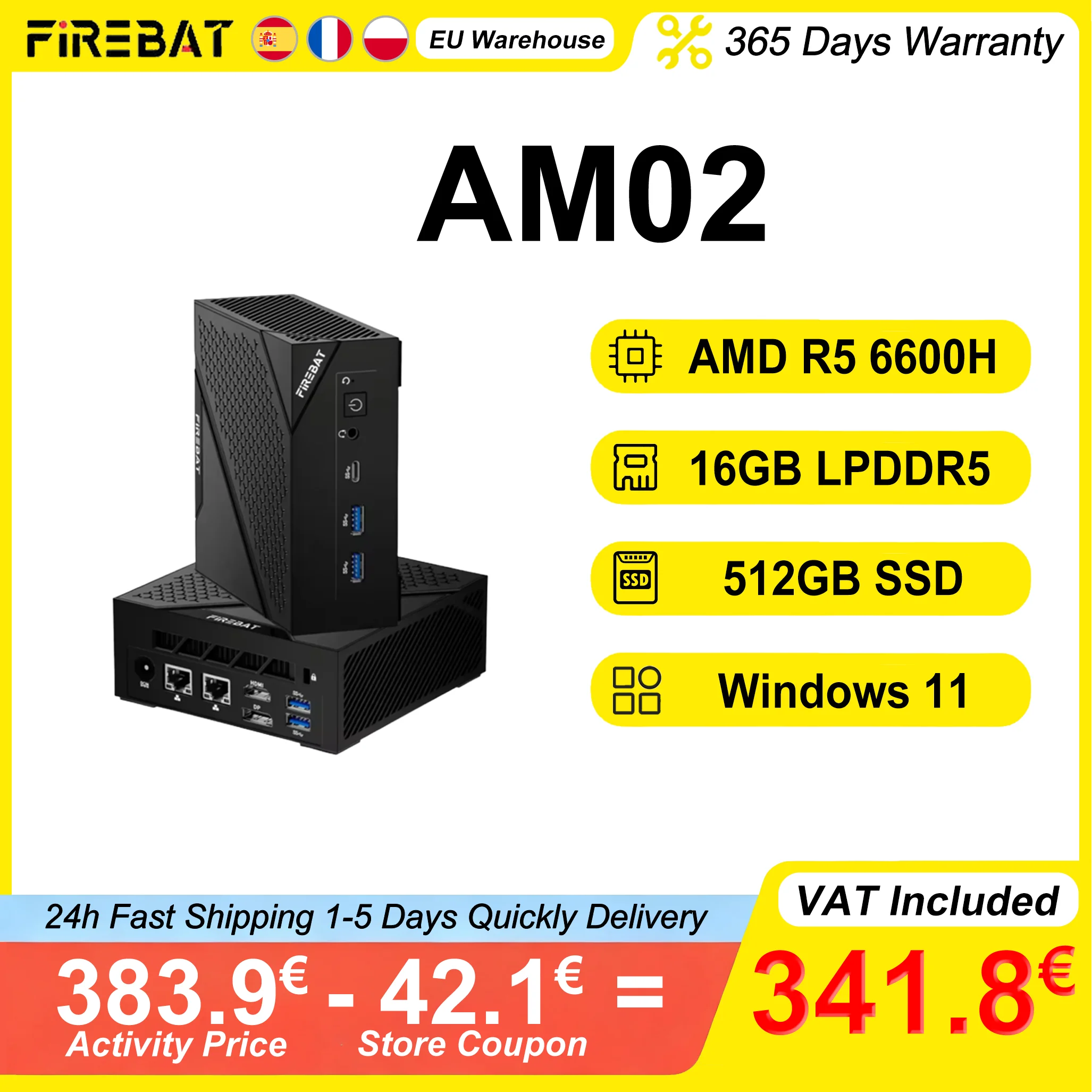 FIREBAT AM02 MINI PC AMD Ryzen 5 6600H LPDDR5 16GB RAM 512GB SSD Windows 11 WIFI6 Bluetooth5.2 HDMI 6 Kerne 12 Threads