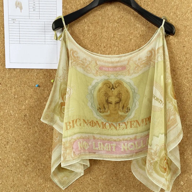 

Vintage Summer Tank Top Streetwear Y2K Women Halter Tops Money-Print Chiffon Off-the-Shoulder Top Casual Loose Camis Beach Top