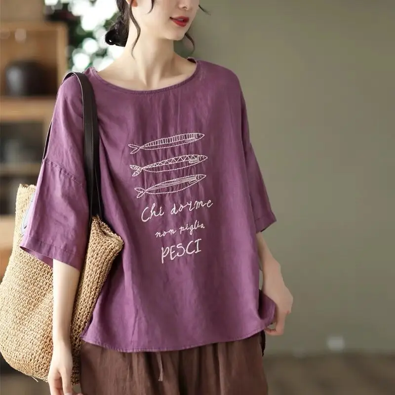 레트로 자수 린넨 반팔 티셔츠 여성 여름 신상 루즈핏 큰 사이즈 다용도 디자인 라운드넥 오버헤드 셔츠