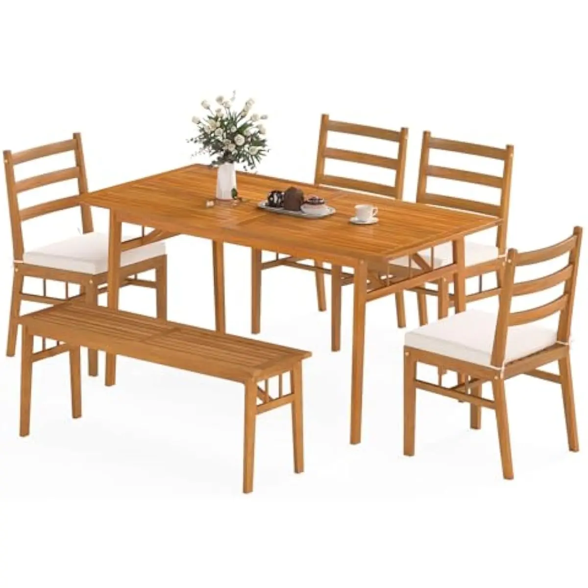 6-piece natural acacia outdoor dining ensemble featuring rectangular table with 1.97-inch umbrella aperture bench plus four cush