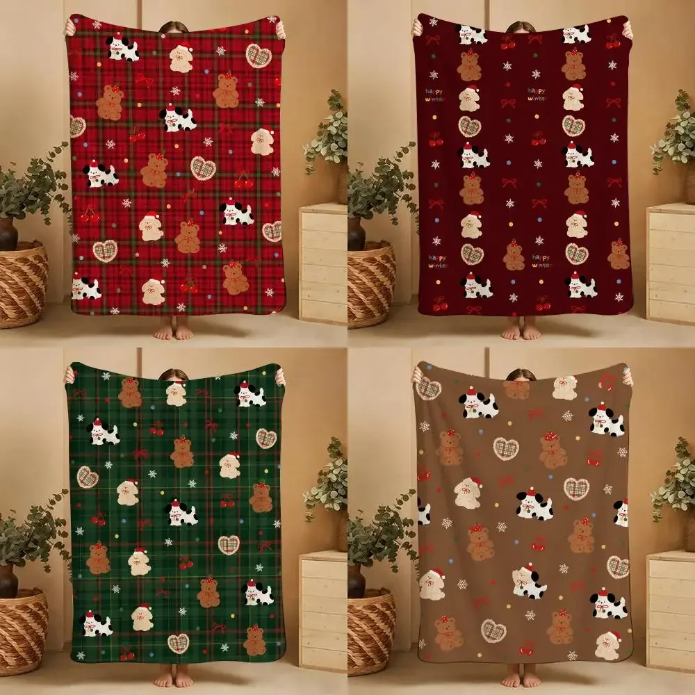 Christmas puppy and  bear Throw Throw Ultra-Comfortable Flannel Plush Throw Blanket—Suitable for Bed, Sofa, Bedroom, Living Room