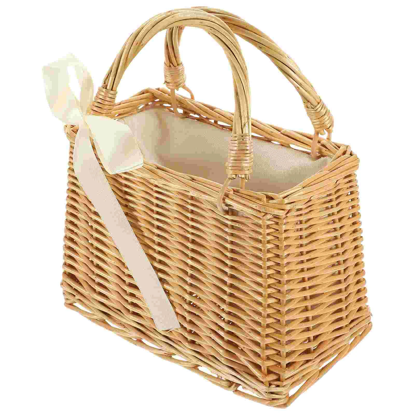 

Woven Flower Basket Vegetable Carrying Bag with Handle Girl Baskets Purse Hand-woven Holder Plant Decorative Handbag Rattan