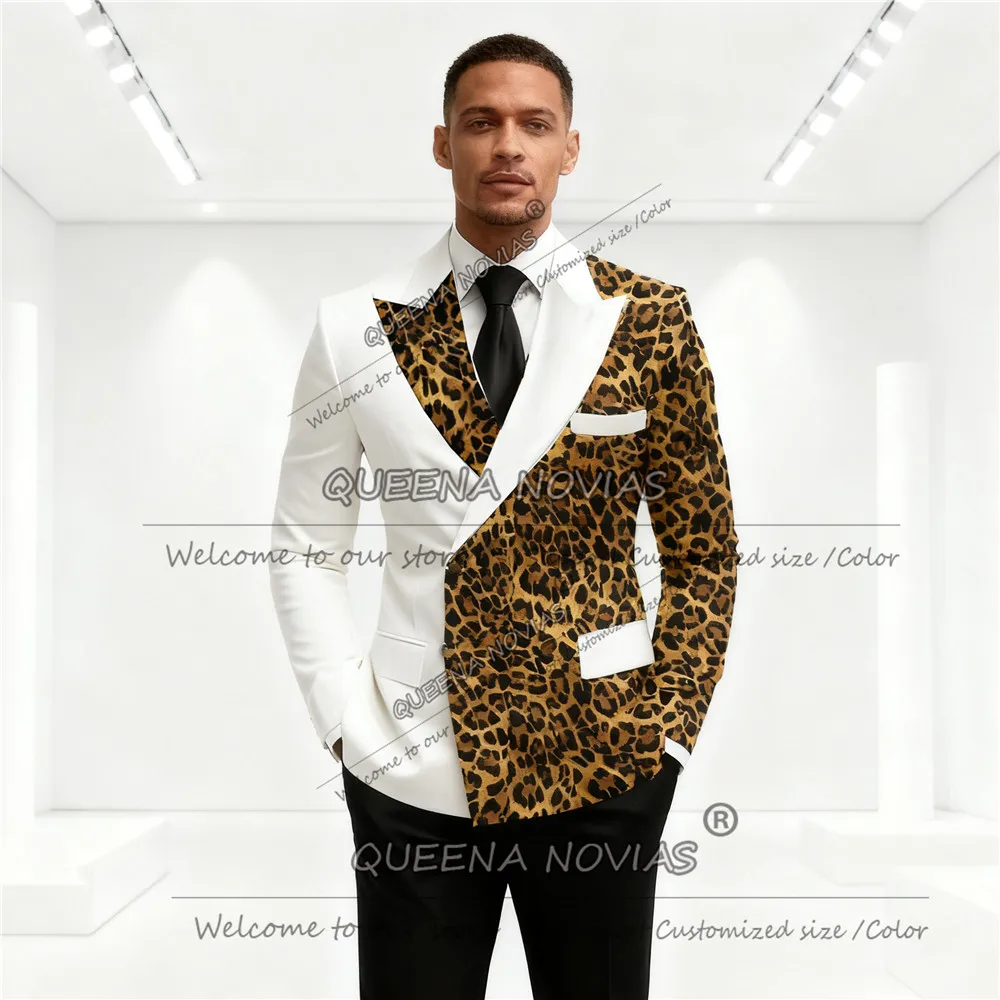 Unique Design Spliced Leopard Groom Wedding Tuxedos 2 Pieces Sets Double Breasted Jacket Pants Customized Suit Attire For Men