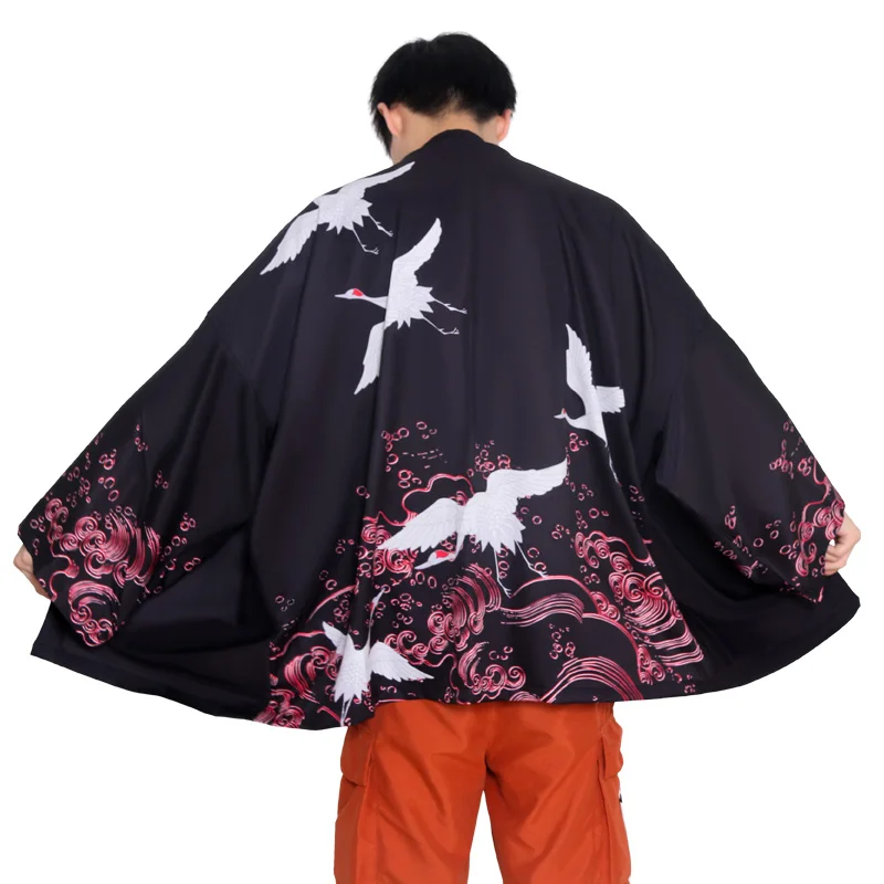 Japanese Kimono Retro Crane Print Thin Coat Haori Hanfu Suit Cloak Men\'s Summer Chinese Style New Tang Suit Taoist Robe