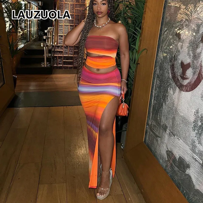 Sexy Gradient Long Skirt Suit Outfits 2026 New Summer Fashion 2 Piece Women Cut Out Crop Top And High Split Skirts Matching Set
