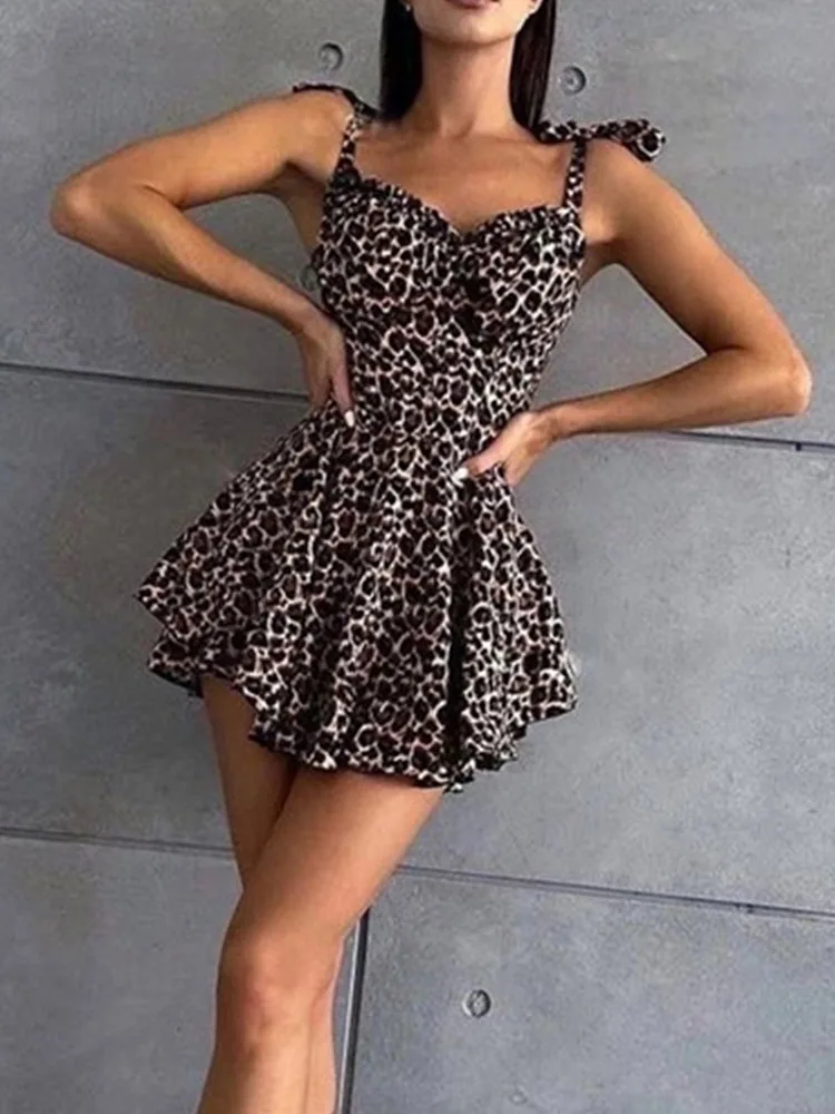 Ästhetik England Freizeit Floral Leopard Lace Up Sling Rock Sommer Sexy Spice Girl Taille Retro Ärmelloses Vintage A-linie Kleid