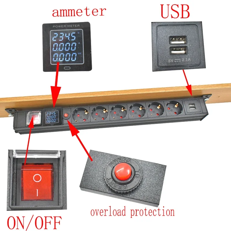 Imagem -04 - Soquete sem Fio Desktop eu Pdu Power Strip Alumínio Alloy Housing com Amperímetro e Função de Proteção Térmica Usb 16ac