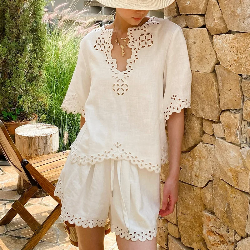 Summer White Linen Blouse Shirt Women Hollow Out Lace Embroidery V Neck Loose Short Sleeve Elegant French Casual Ladies Tops New - view 2