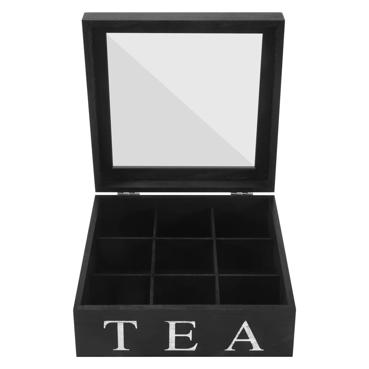 ABLK Wooden 9 Grids Tea Box Tea Bags Container Storage Box Square Gift Box Case Transparent Top Lid Jewelry Storage Box-Black