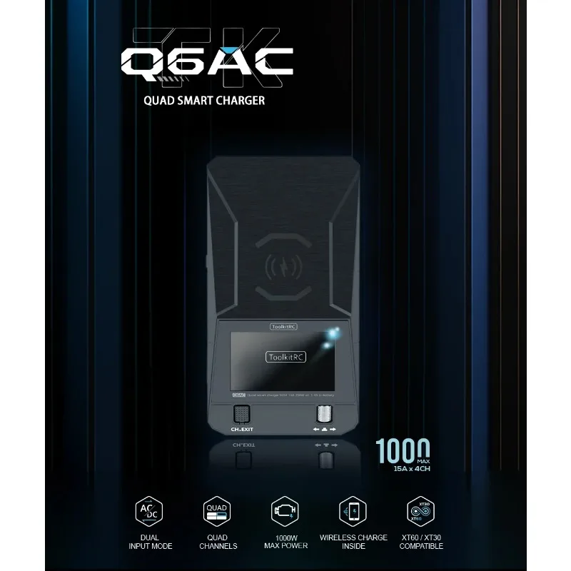NEW ToolkitRC Q6AC Charger AC 400W/DC 1000W 4CH Output Built-in 65W USB A/TYPEC Output ,LiPo, 1-6S，NiMH 1-16S,PB 1-10S Charger
