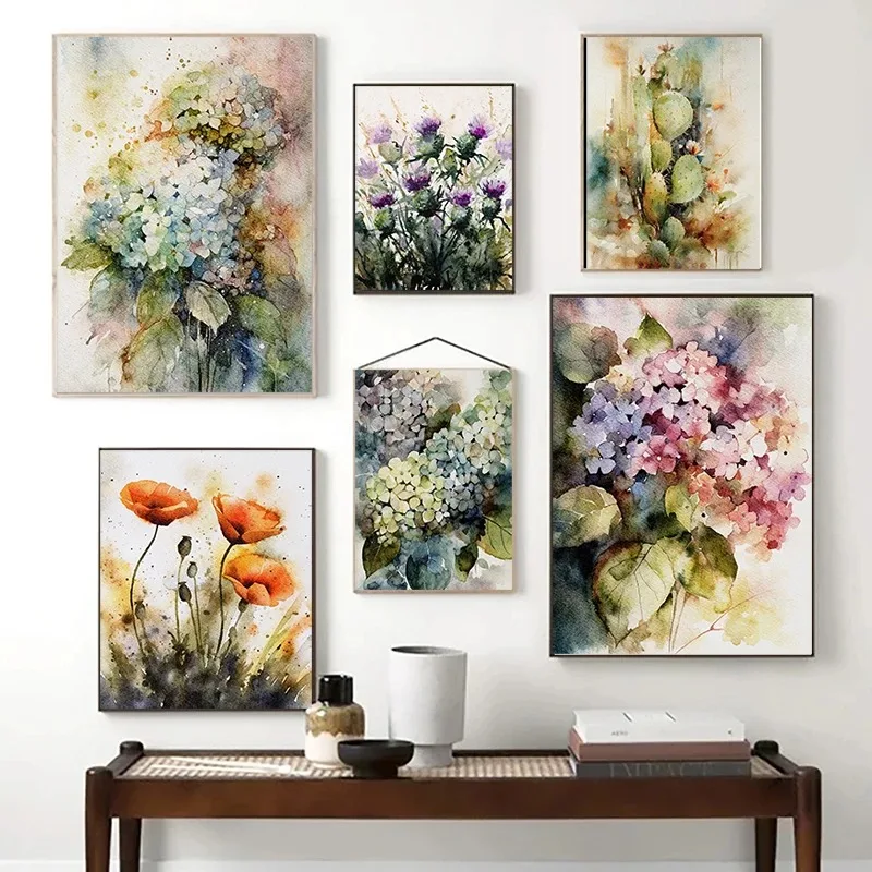 White Lotus Poppies Hydrangea Watercolor Flowers Poster Canvas Painting Nature Plants Wall Art Picture Office Home Decor
