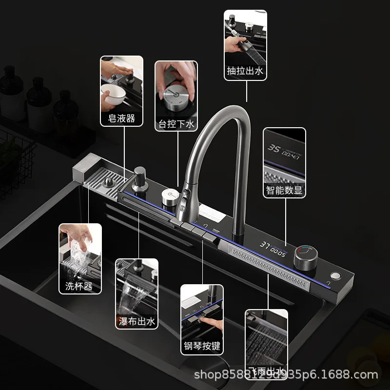 V002 Gun Gray Nano SUS304 Kitchen Sink Workstation Set, Honeycomb Anti-Scratch Handmade Single Bowl with Pull Out Faucet