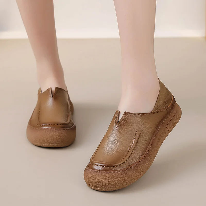 New V cut cow leather shoes for women luxury wide toe ballet flats ladies  vintage slip on roman shoe top quality brand moccasins - AliExpress 322