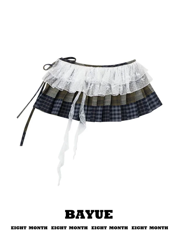 

Deconstructed Plaid Double Layer Lace Trim Bohemian Sensation Women's Short Skirt High Waist A-Line City Commute Sweet Style