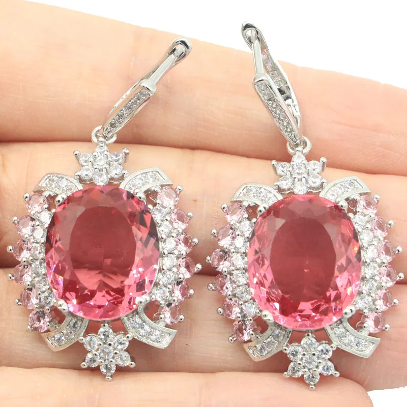 Buy 5 Get 1 Free 50x26mm Gorgeous Pink Morganite Violet Tanzanite CZ Women Wedding Silver Earrings