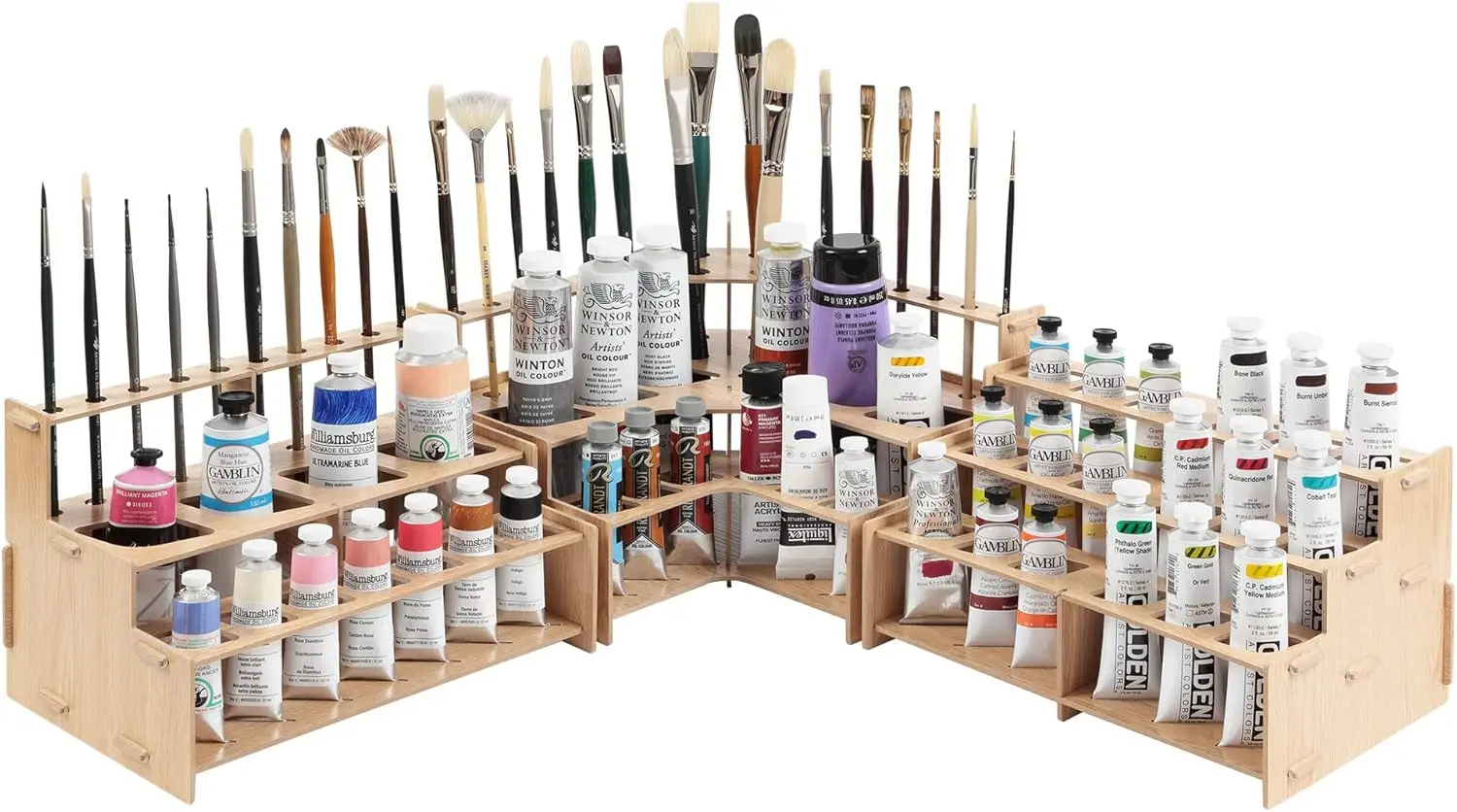 3-Piece Paint Brush & Tube Organizer Set - Wood Grain Laminate, Multi-Layer Storage Stand for Oil & Acrylic Paints