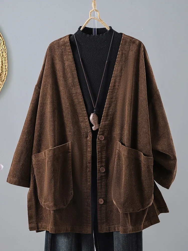 Autumn 2026 Women's Casual V-neck Long Coat Coat with Pockets Medium Length Corduroy Loose Fit  Color Windbreaker Jacket