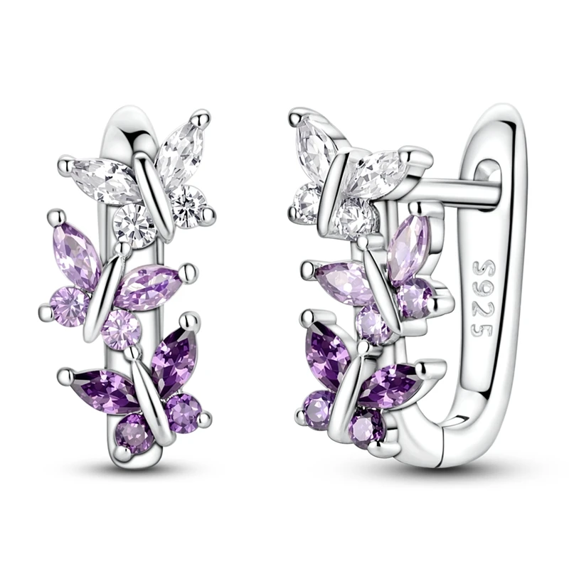 925 Sterling Silver Gradient Purple Butterfly Huggie Hoop Earrings Multi‑Color Amethyst‑Tone CZ Ear Buckle Women Jewelry Gift