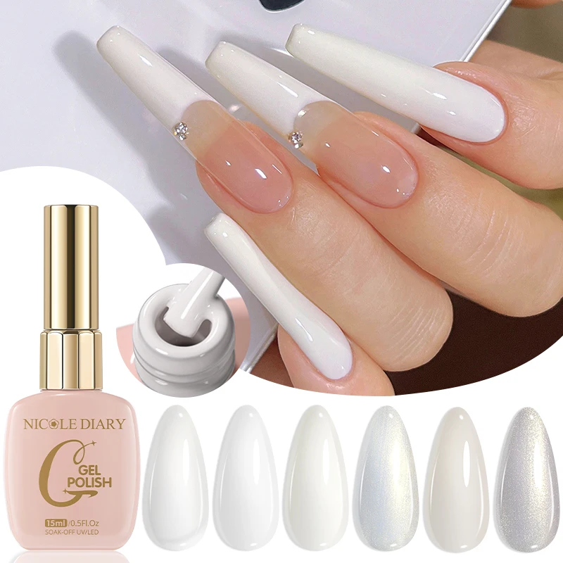 NICOLE DIARY 15ml White Nail Gel Polish Milky White Semi Permanent Glitter Nail Art Manicure Soak Off LED UV Gel Nail Varnishes
